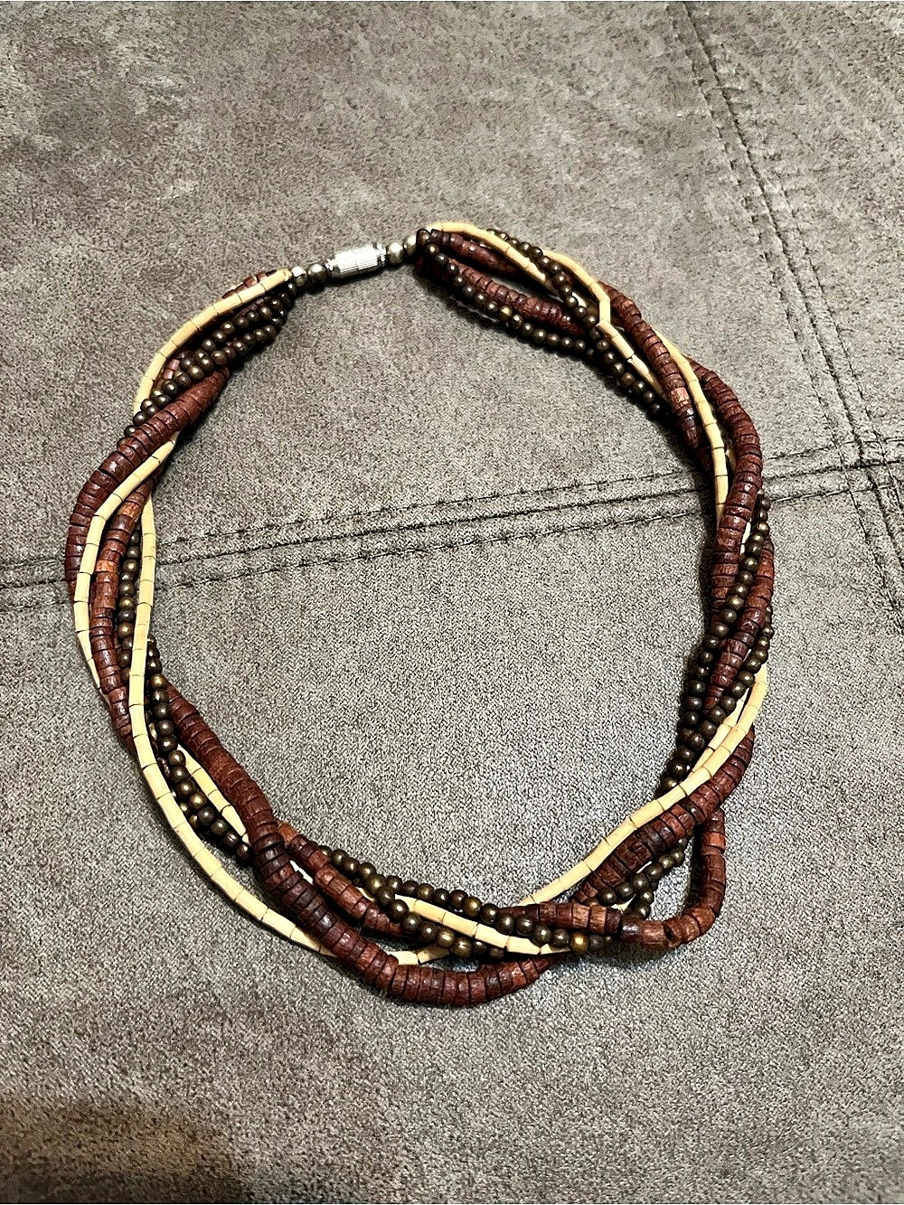 Vintage Boho Western Multistrand Wood, Straw and Beaded Necklace in Brown & Tan